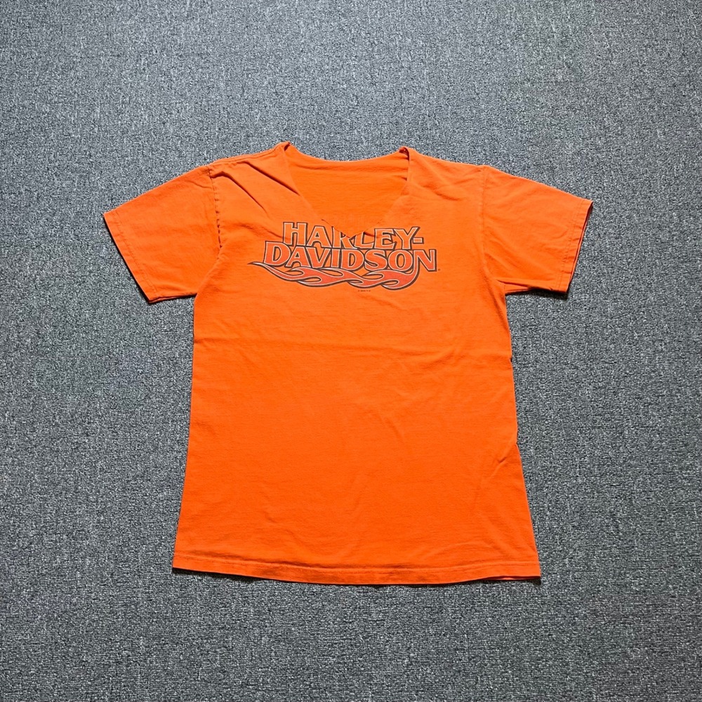 Harley-Davidson T-Shirt Orange Flame Graphic Raw Cut V-Neck Morristown TN 2009